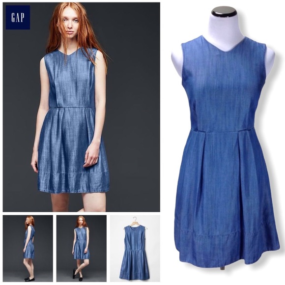 Gap Chambray Sleeveless V-Neck A-Line Denim Dress - Picture 3 of 15